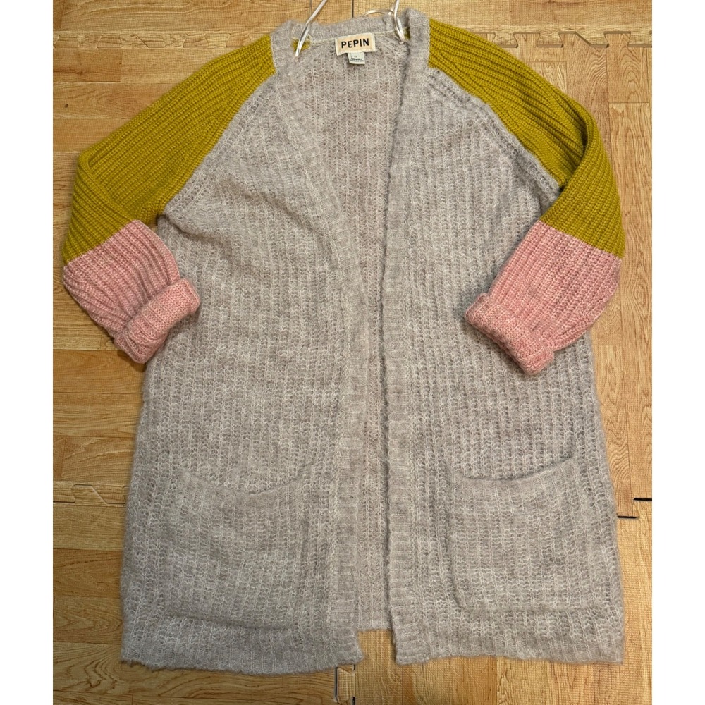 Pepin Womens XS Colorblock Alpaca Wool Blend Longline Cardigan Sweater Grey Pink